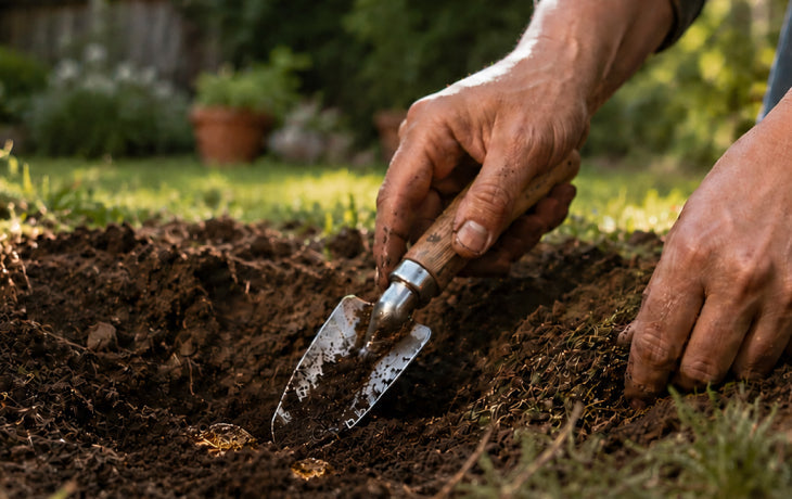 Hands using a trowel to dig soil in a garden, preparing for a soil sample test kit.