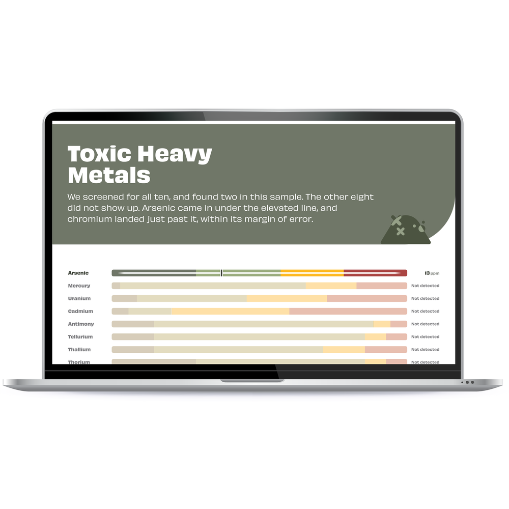 A sample UNDR report on a laptop, open to the Toxic Heavy Metals page