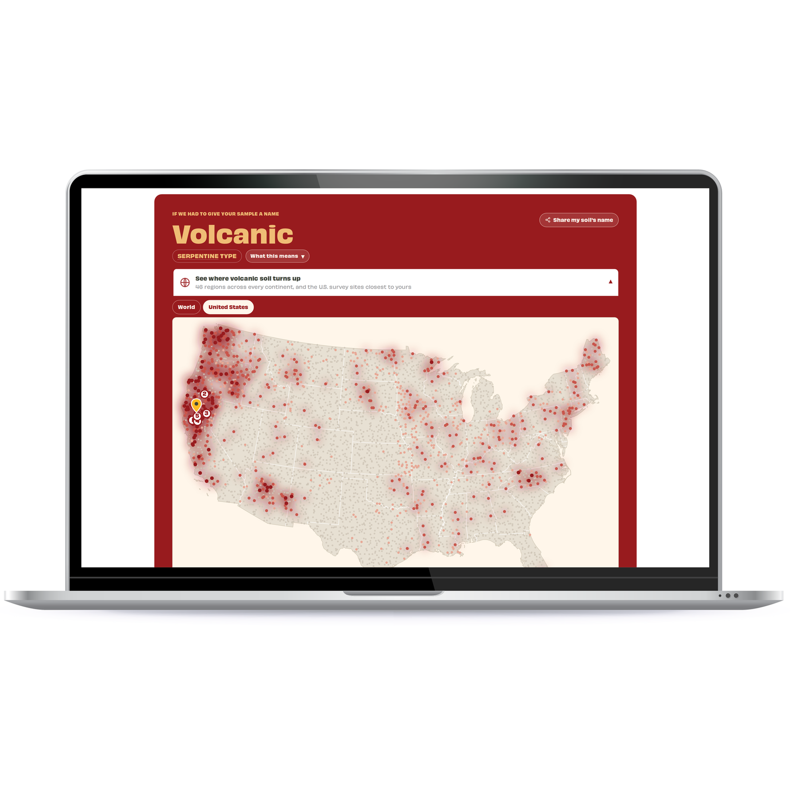 The report's United States map with survey sites and the sample location marked